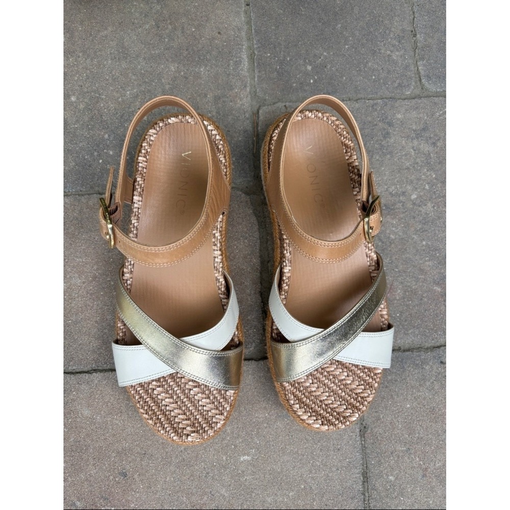 Vionic Women's Mar Wedge Sandal in Camel, Gold & Brown Leather.  EUC - Picture 4 of 16